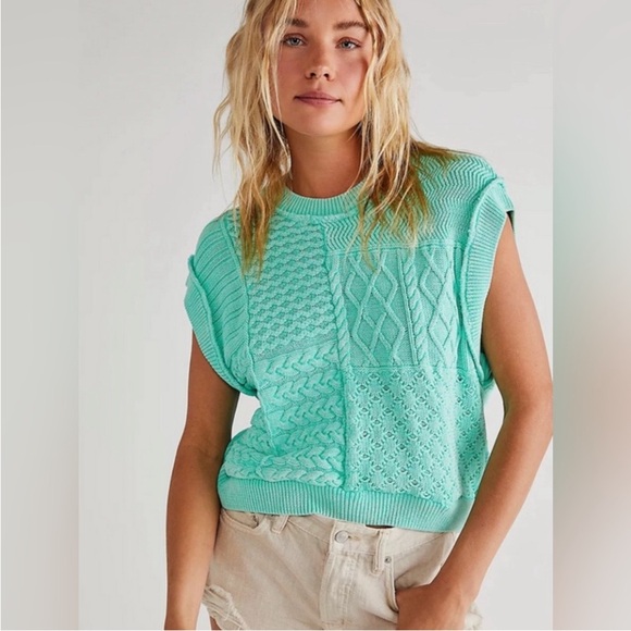 Free People Sweaters - Free People Mint Green Cable-Knit Crewneck Sweater Vest